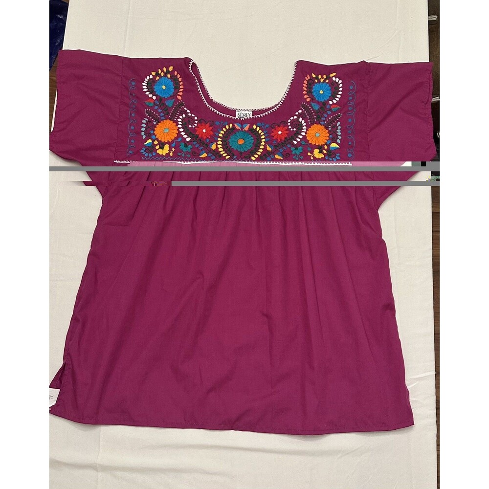 Mexican Puebla Blouse for Women Embroidered  4XL Magenta Raspberry Pink/Purple